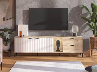 Evandria Vandea Grey Oak Effect Cashmere Slatted TV Unit Cabinet: Modern Entertainment Console - UK Luxury Furniture